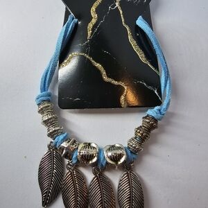Silver Leaf Charm Bracelet with Blue Cord